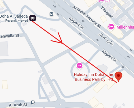 Directional map from Al Doha Al Jadeda Metro to Holiday Inn